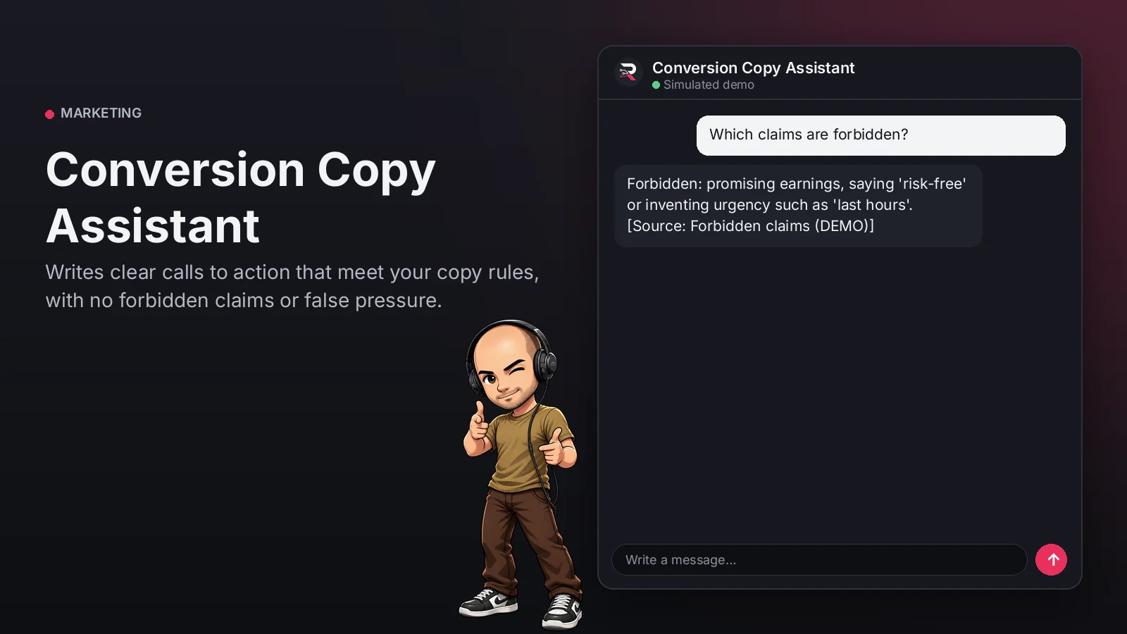 Hero image: Conversion Copy Assistant. Writes clear calls to action that meet your copy rules, with no forbidden claims or false pressure.