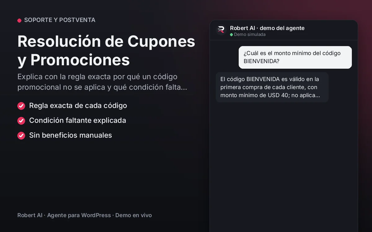 Portada: Resolución de Cupones y Promociones. Explica con la regla exacta por qué un código promocional no se aplica y qué condición falta cumplir.