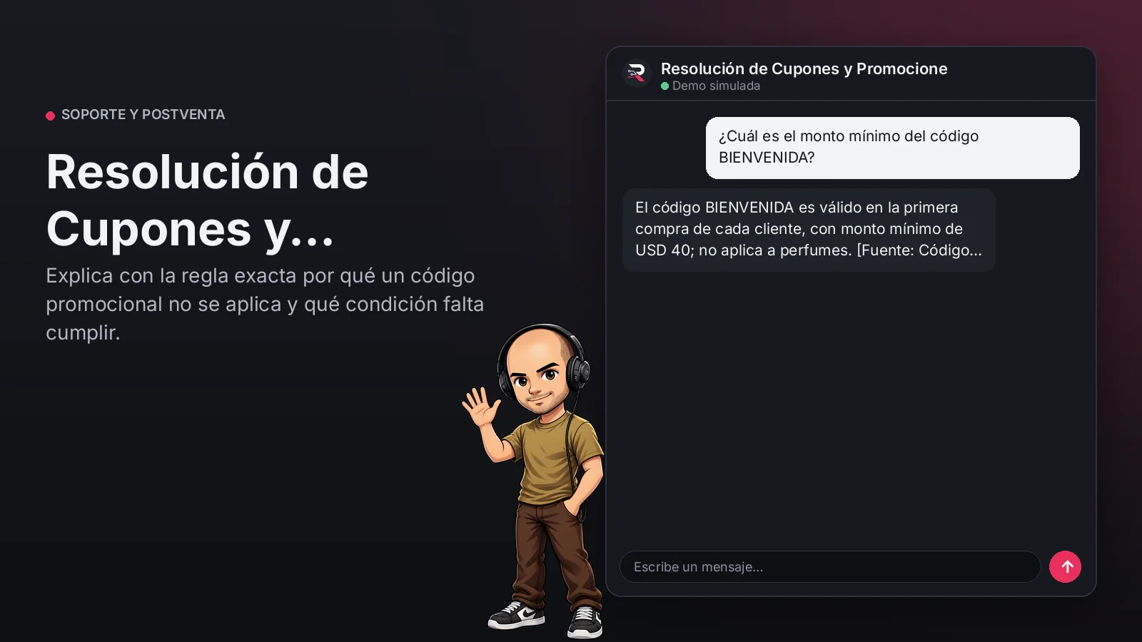 Imagen principal: Resolución de Cupones y Promociones. Explica con la regla exacta por qué un código promocional no se aplica y qué condición falta cumplir.