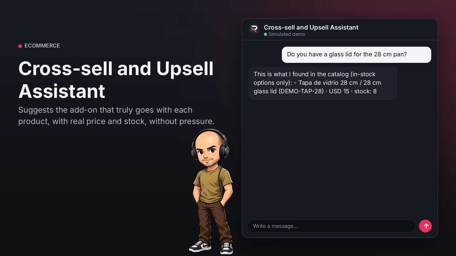 Hero image: Cross-sell and Upsell Assistant. Suggests the add-on that truly goes with each product, with real price and stock, without pressure.