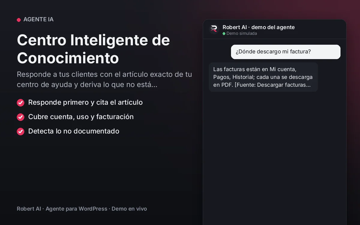 Portada: Centro Inteligente de Conocimiento. Responde a tus clientes con el artículo exacto de tu centro de ayuda y deriva lo que no está documentado.