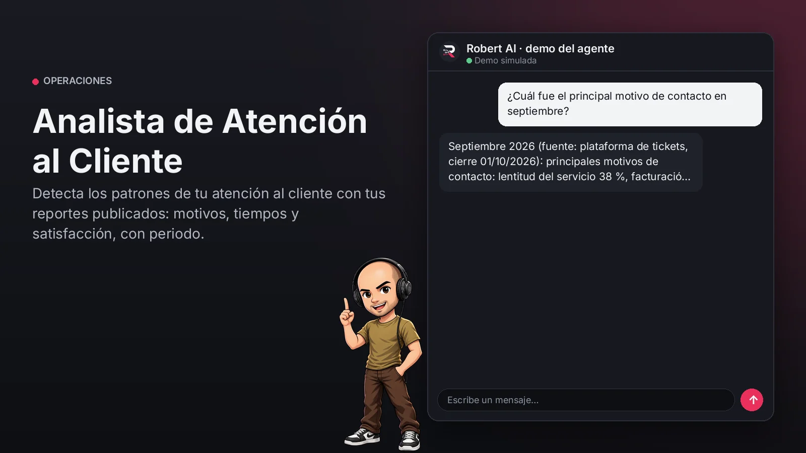 Analista de Atención al Cliente. Detecta los patrones de tu atención al cliente con tus reportes publicados: motivos, tiempos y satisfacción, con periodo.