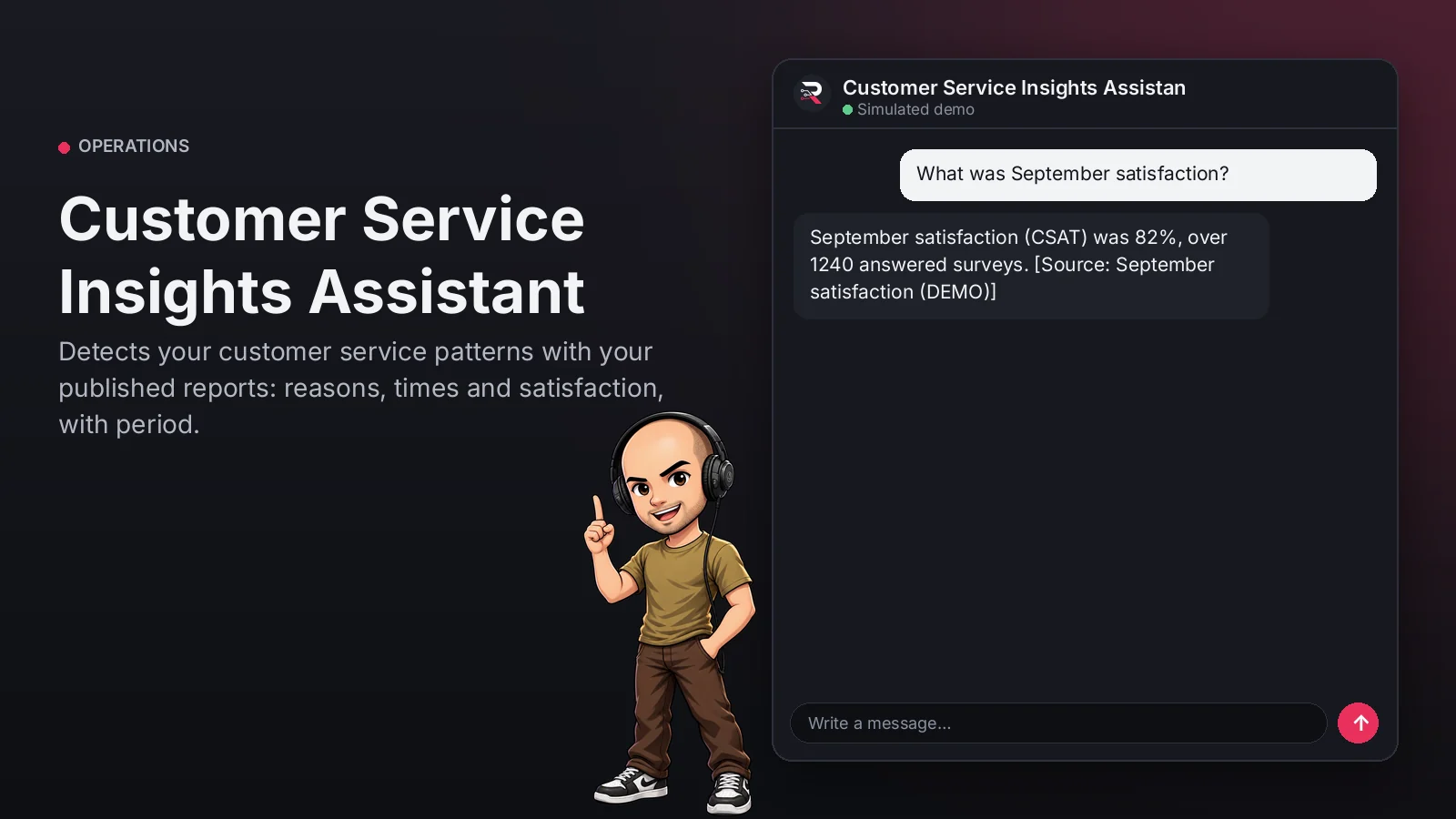 Hero image: Customer Service Insights Assistant. Detects your customer service patterns with your published reports: reasons, times and satisfaction, with period.