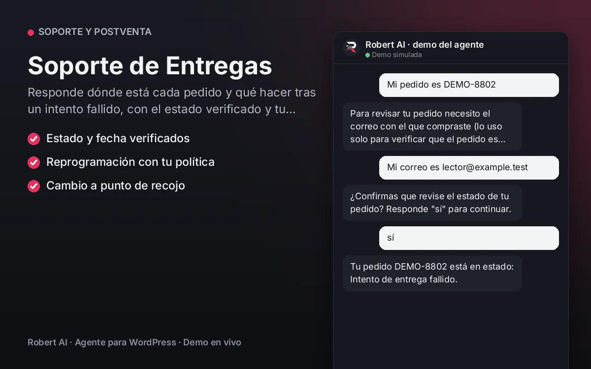 Portada: Soporte de Entregas. Responde dónde está cada pedido y qué hacer tras un intento fallido, con el estado verificado y tu política.