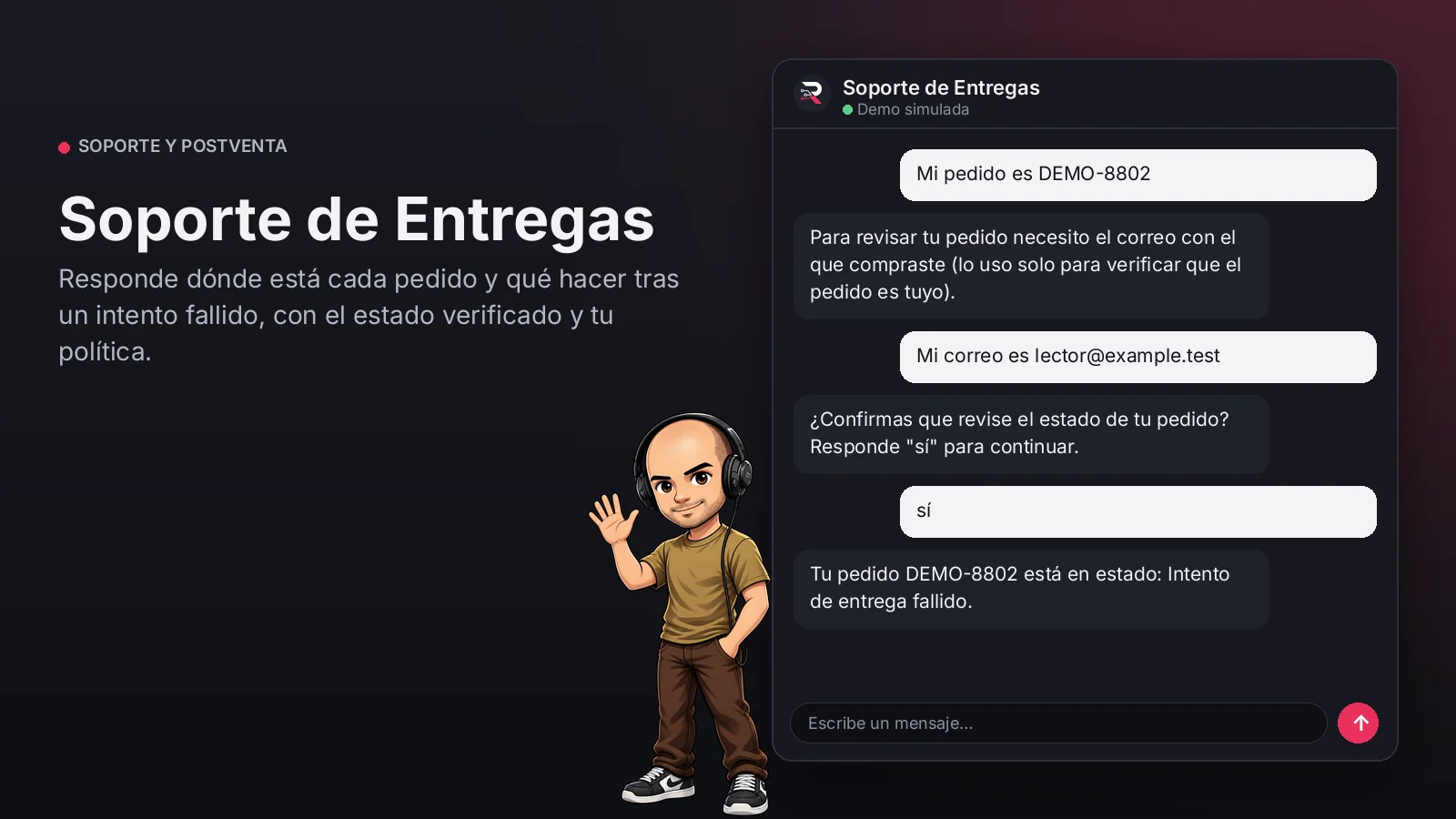 Imagen principal: Soporte de Entregas. Responde dónde está cada pedido y qué hacer tras un intento fallido, con el estado verificado y tu política.