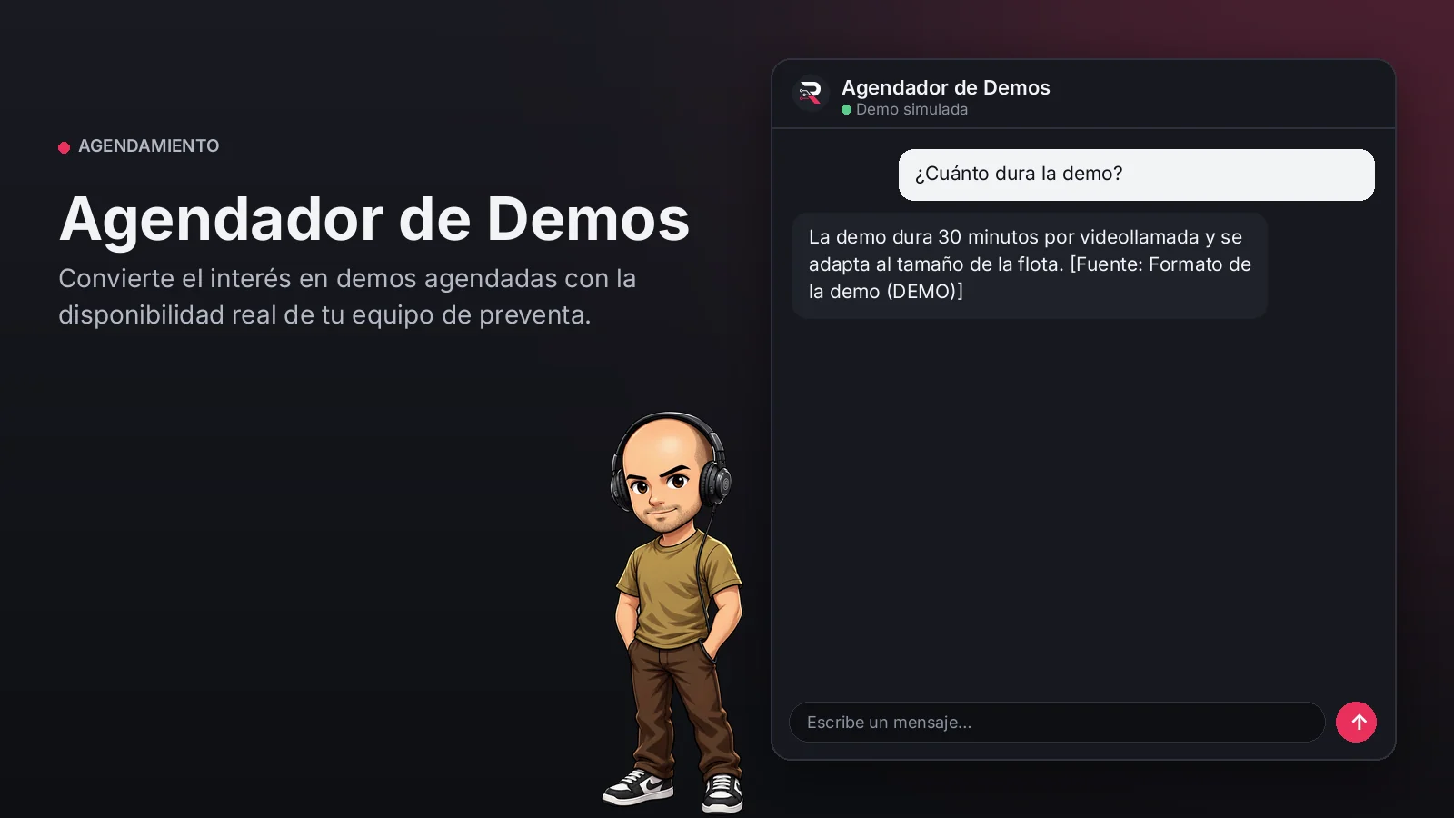 Imagen principal: Agendador de Demos. Convierte el interés en demos agendadas con la disponibilidad real de tu equipo de preventa.