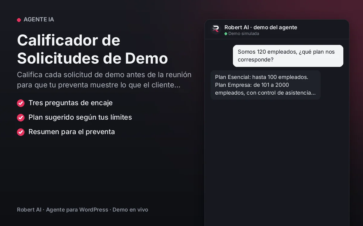 Portada: Calificador de Solicitudes de Demo. Califica cada solicitud de demo antes de la reunión para que tu preventa muestre lo que el cliente necesita.