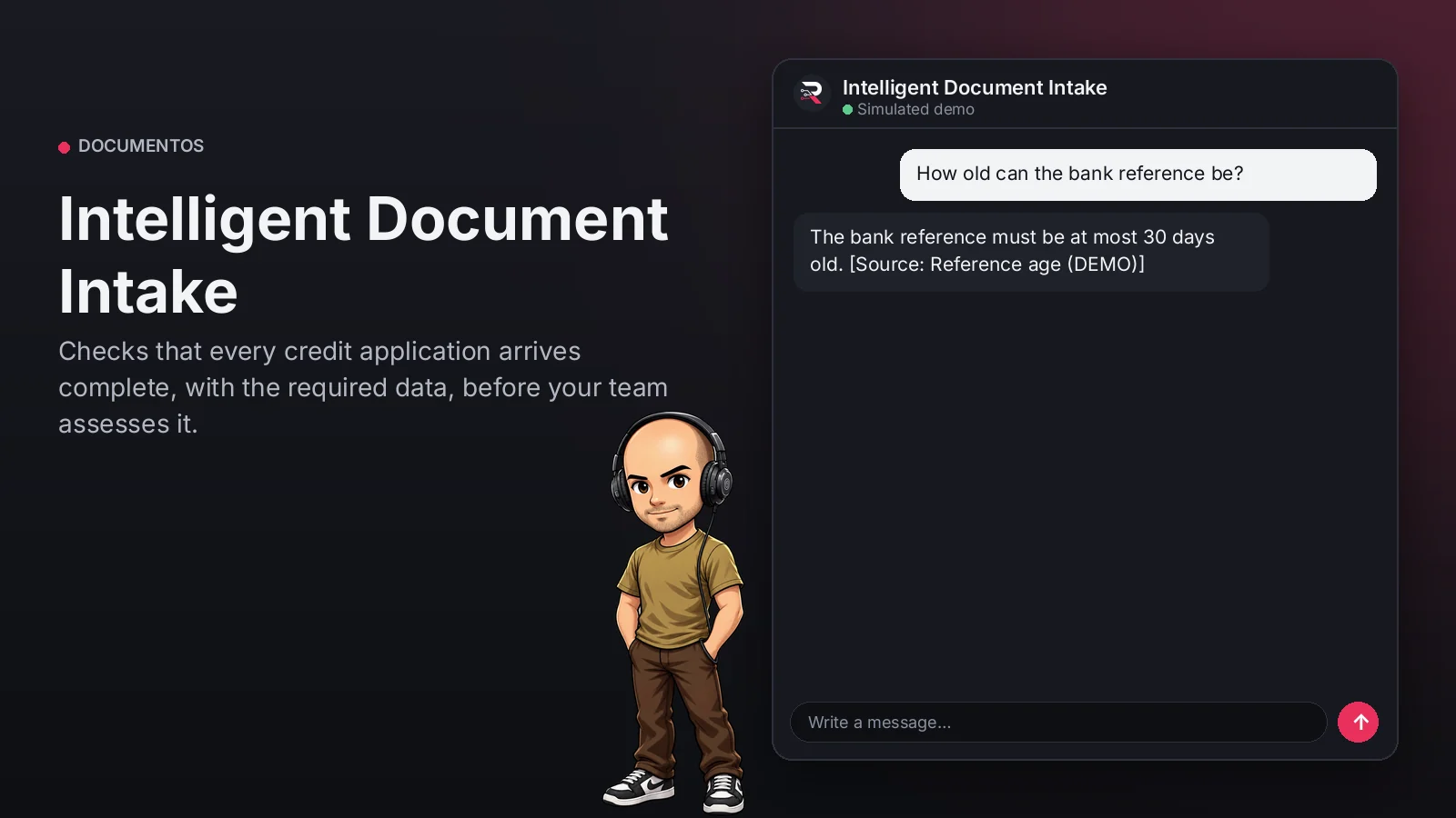 Hero image: Intelligent Document Intake. Checks that every credit application arrives complete, with the required data, before your team assesses it.