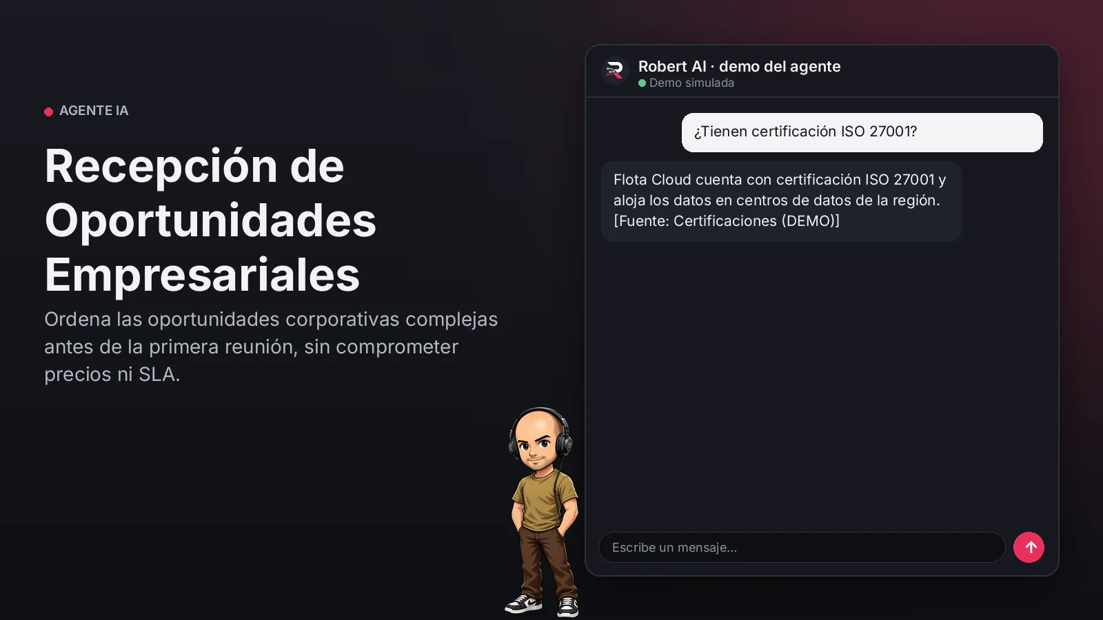 Recepción de Oportunidades Empresariales. Ordena las oportunidades corporativas complejas antes de la primera reunión, sin comprometer precios ni SLA.