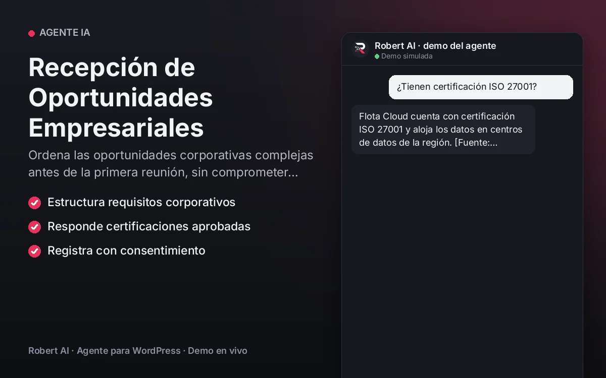 Portada: Recepción de Oportunidades Empresariales. Ordena las oportunidades corporativas complejas antes de la primera reunión, sin comprometer precios ni SLA.