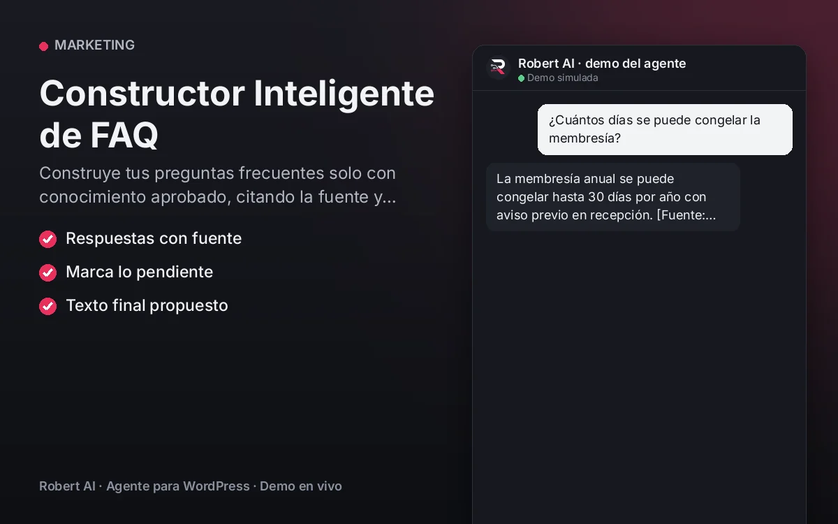 Portada: Constructor Inteligente de FAQ. Construye tus preguntas frecuentes solo con conocimiento aprobado, citando la fuente y marcando lo que falta documentar.