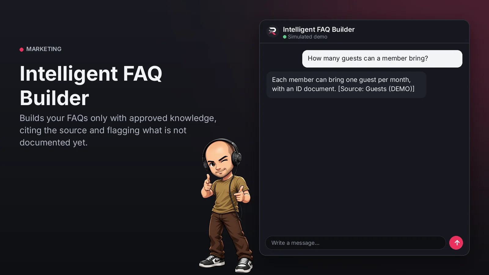 Hero image: Intelligent FAQ Builder. Builds your FAQs only with approved knowledge, citing the source and flagging what is not documented yet.