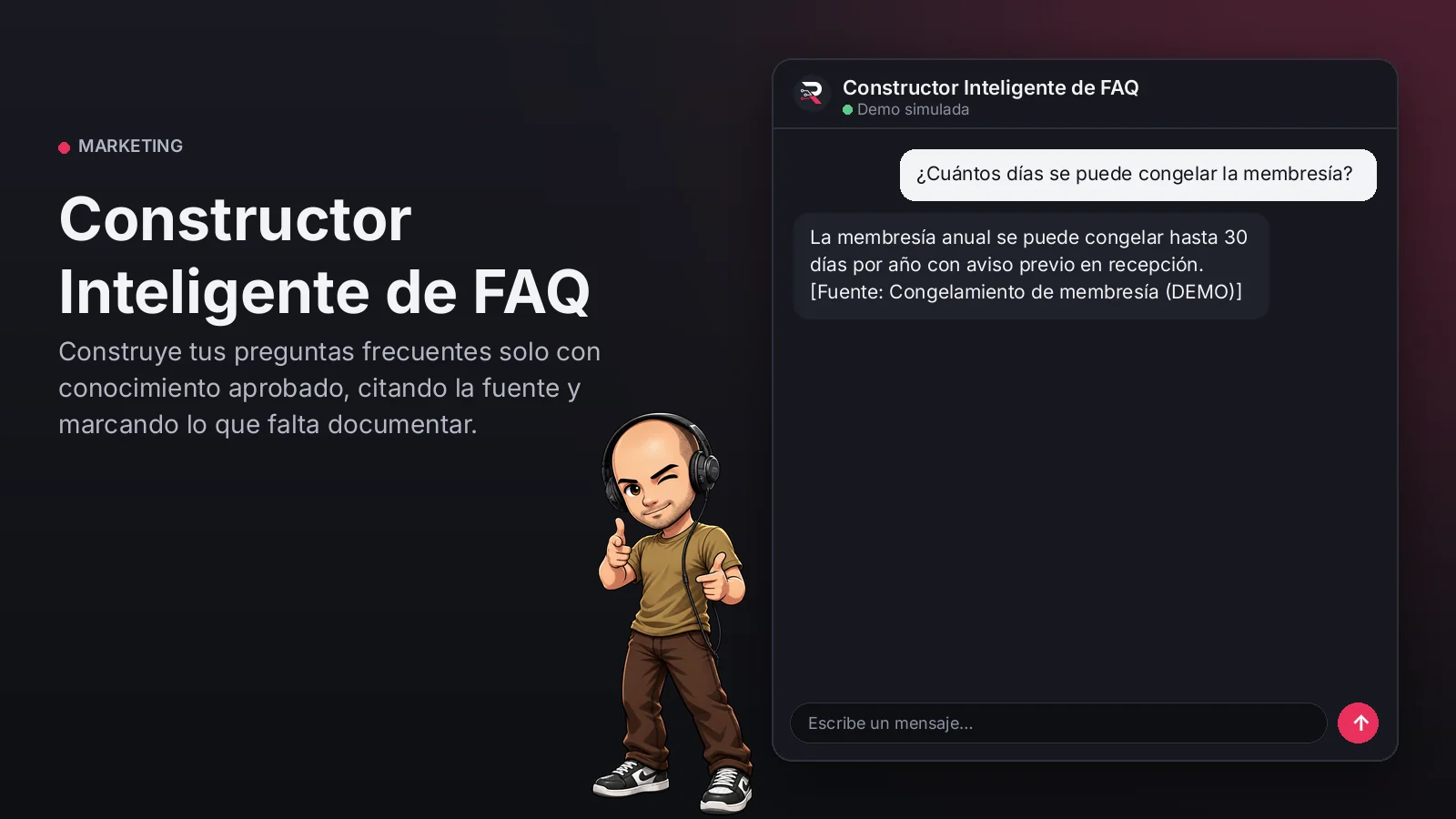 Imagen principal: Constructor Inteligente de FAQ. Construye tus preguntas frecuentes solo con conocimiento aprobado, citando la fuente y marcando lo que falta documentar.