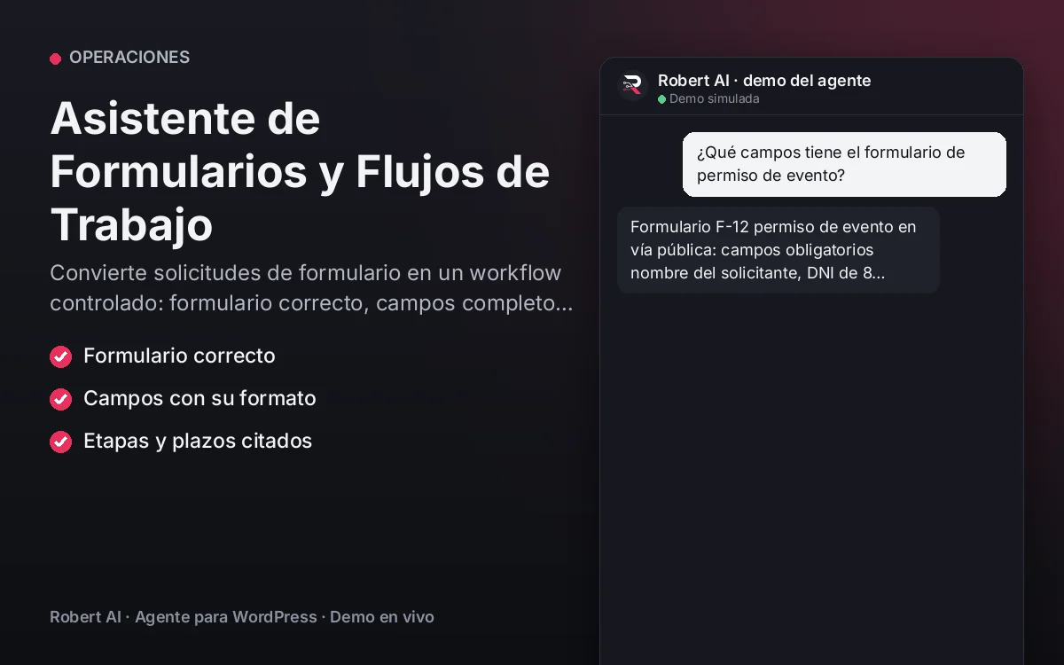 Portada: Asistente de Formularios y Flujos de Trabajo. Convierte solicitudes de formulario en un workflow controlado: formulario correcto, campos completos, etapas y plazos claros.