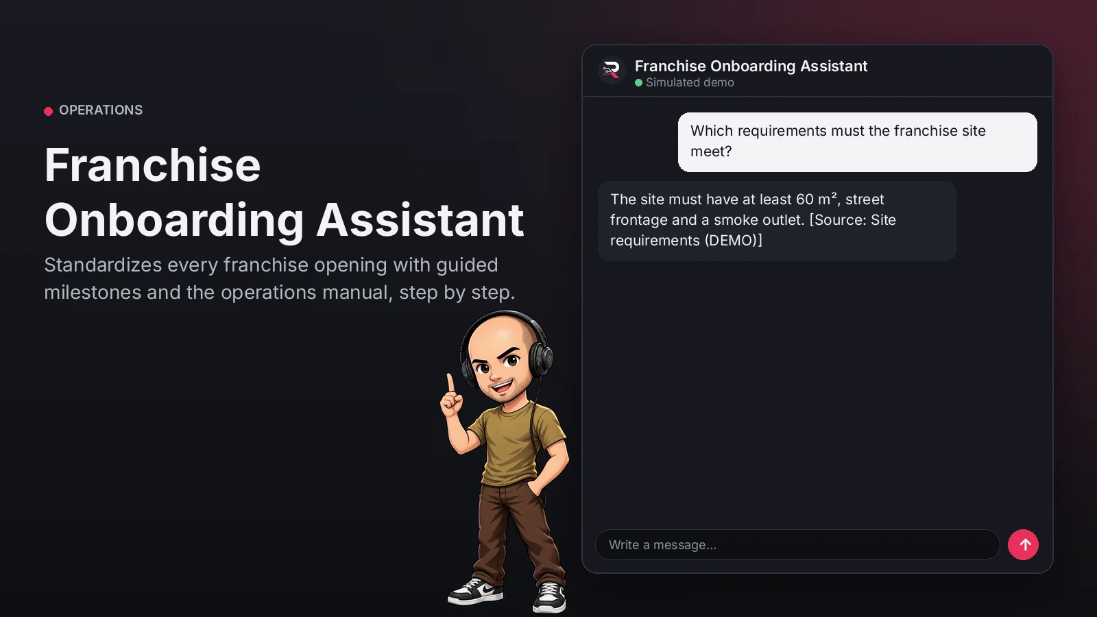 Hero image: Franchise Onboarding Assistant. Standardizes every franchise opening with guided milestones and the operations manual, step by step.