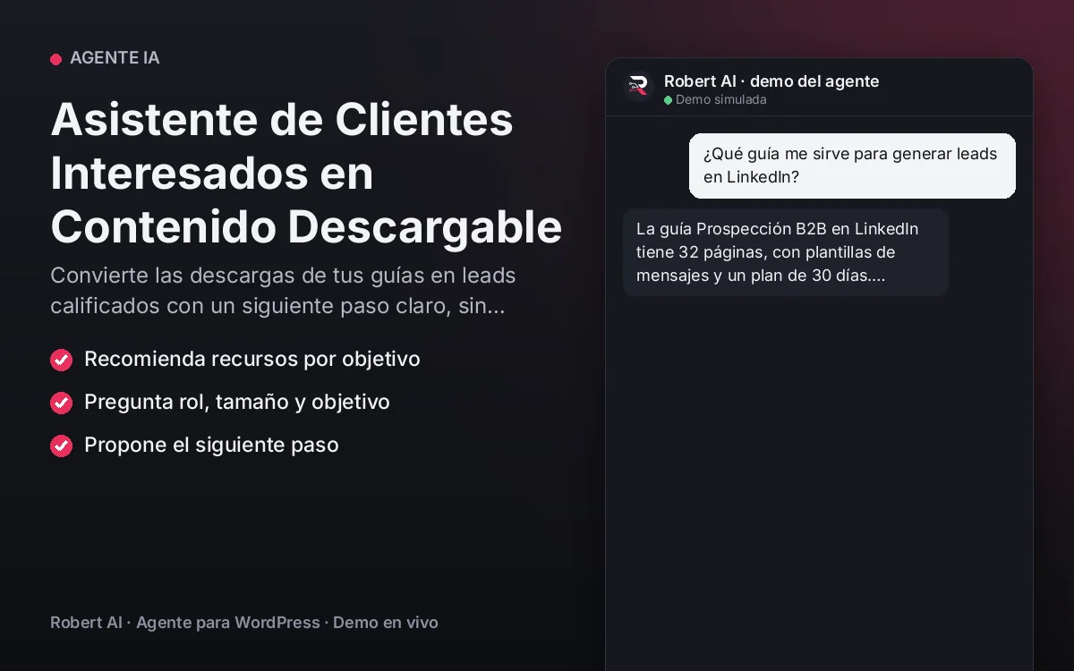 Portada: Asistente de Clientes Interesados en Contenido Descargable. Convierte las descargas de tus guías en leads calificados con un siguiente paso claro, sin presionar.