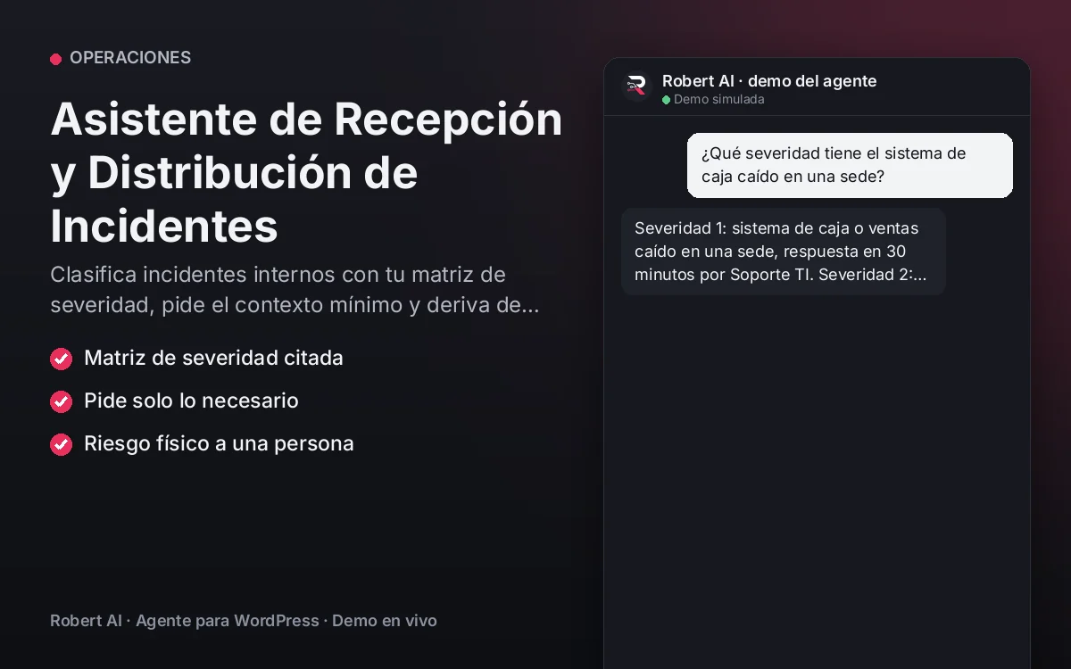 Portada: Asistente de Recepción y Distribución de Incidentes. Clasifica incidentes internos con tu matriz de severidad, pide el contexto mínimo y deriva de inmediato los riesgos físicos.