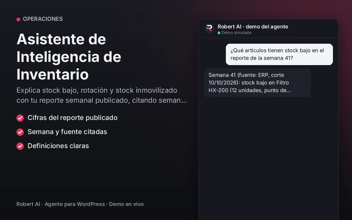 Portada: Asistente de Inteligencia de Inventario. Explica stock bajo, rotación y stock inmovilizado con tu reporte semanal publicado, citando semana y fuente.