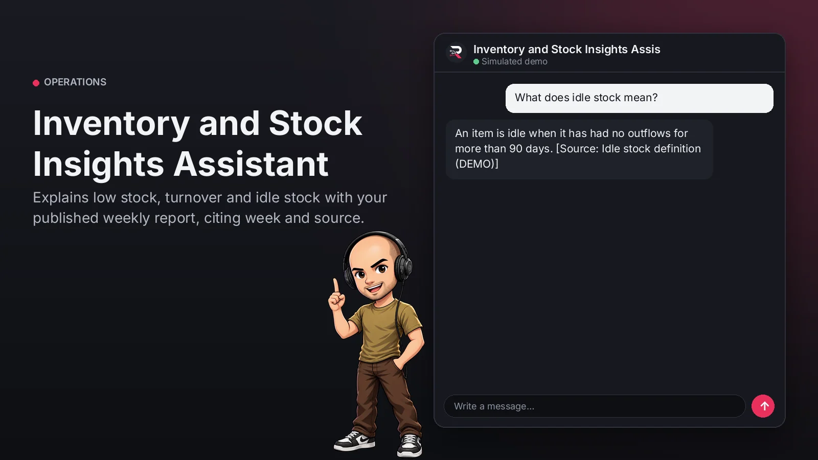 Hero image: Inventory and Stock Insights Assistant. Explains low stock, turnover and idle stock with your published weekly report, citing week and source.