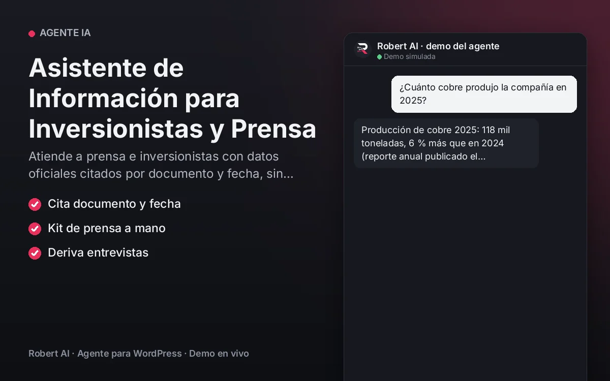 Portada: Asistente de Información para Inversionistas y Prensa. Atiende a prensa e inversionistas con datos oficiales citados por documento y fecha, sin proyecciones.