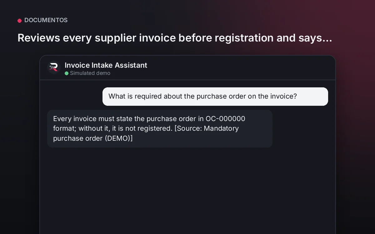 Cover: Invoice Intake Assistant. Reviews every supplier invoice before registration and says what to fix so it is not rejected.