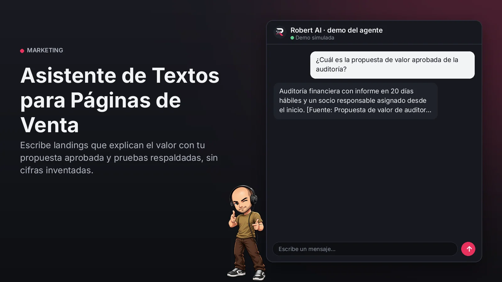 Asistente de Textos para Páginas de Venta. Escribe landings que explican el valor con tu propuesta aprobada y pruebas respaldadas, sin cifras inventadas.