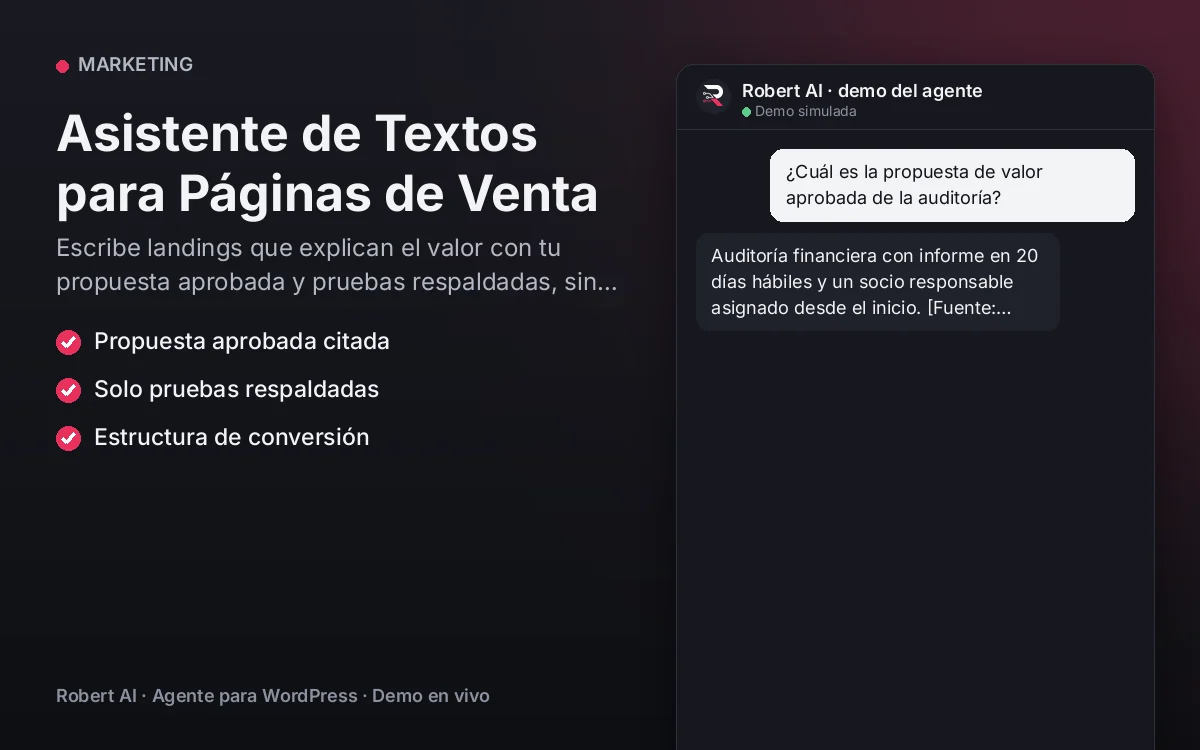Portada: Asistente de Textos para Páginas de Venta. Escribe landings que explican el valor con tu propuesta aprobada y pruebas respaldadas, sin cifras inventadas.