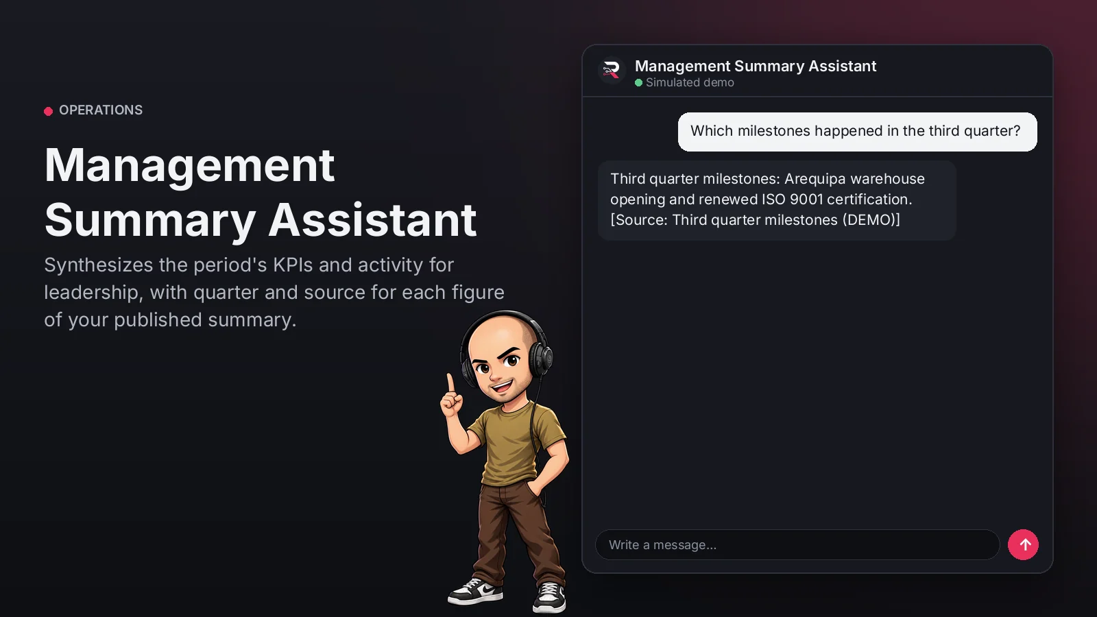 Hero image: Management Summary Assistant. Synthesizes the period's KPIs and activity for leadership, with quarter and source for each figure of your published summary.
