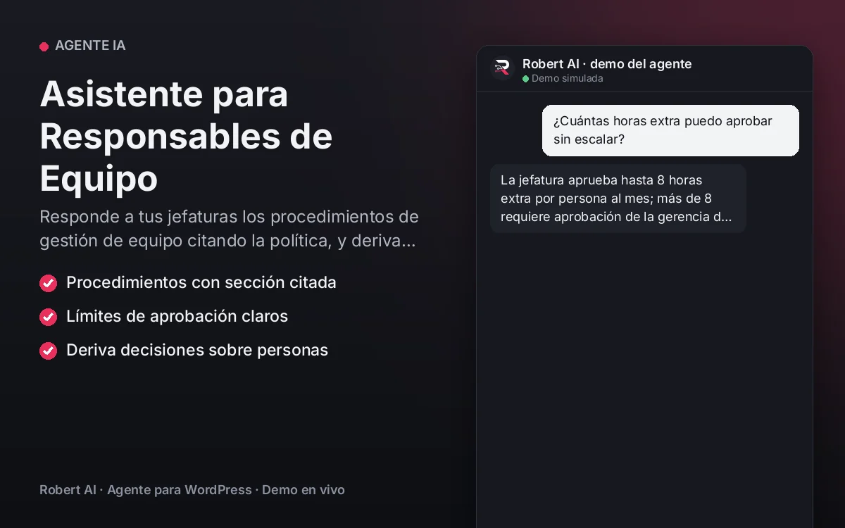 Portada: Asistente para Responsables de Equipo. Responde a tus jefaturas los procedimientos de gestión de equipo citando la política, y deriva decisiones sobre personas.