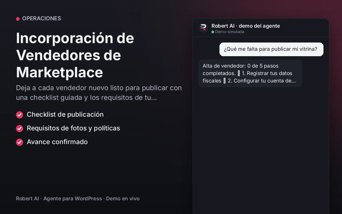 Portada: Incorporación de Vendedores de Marketplace. Deja a cada vendedor nuevo listo para publicar con una checklist guiada y los requisitos de tu marketplace.