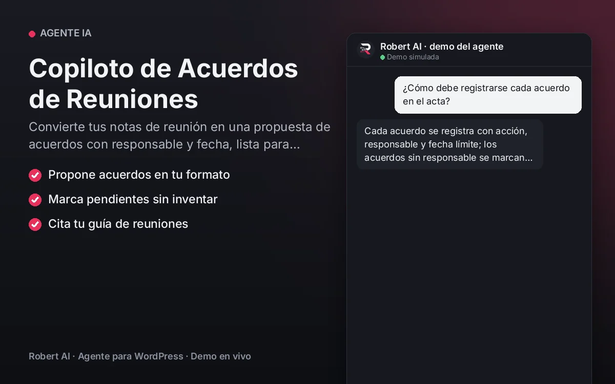 Portada: Copiloto de Acuerdos de Reuniones. Convierte tus notas de reunión en una propuesta de acuerdos con responsable y fecha, lista para confirmar.