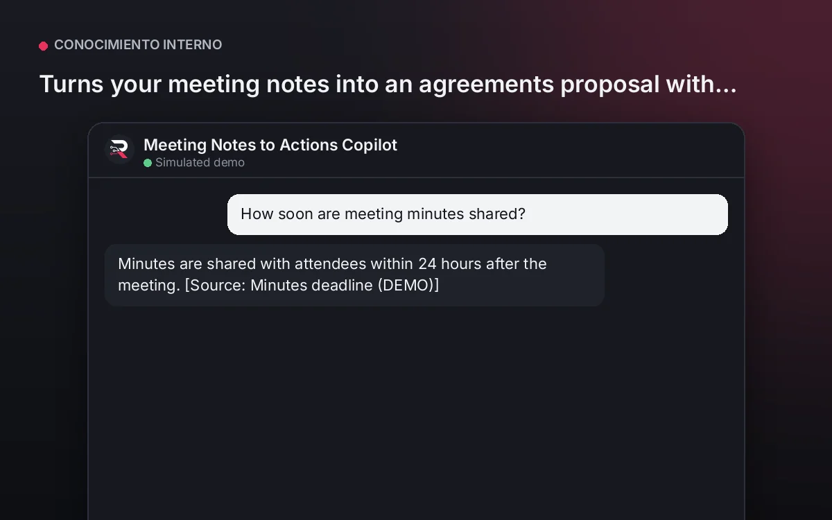 Cover: Meeting Notes to Actions Copilot. Turns your meeting notes into an agreements proposal with owner and date, ready to confirm.
