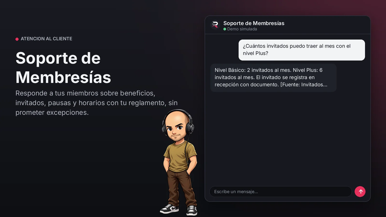 Imagen principal: Soporte de Membresías. Responde a tus miembros sobre beneficios, invitados, pausas y horarios con tu reglamento, sin prometer excepciones.