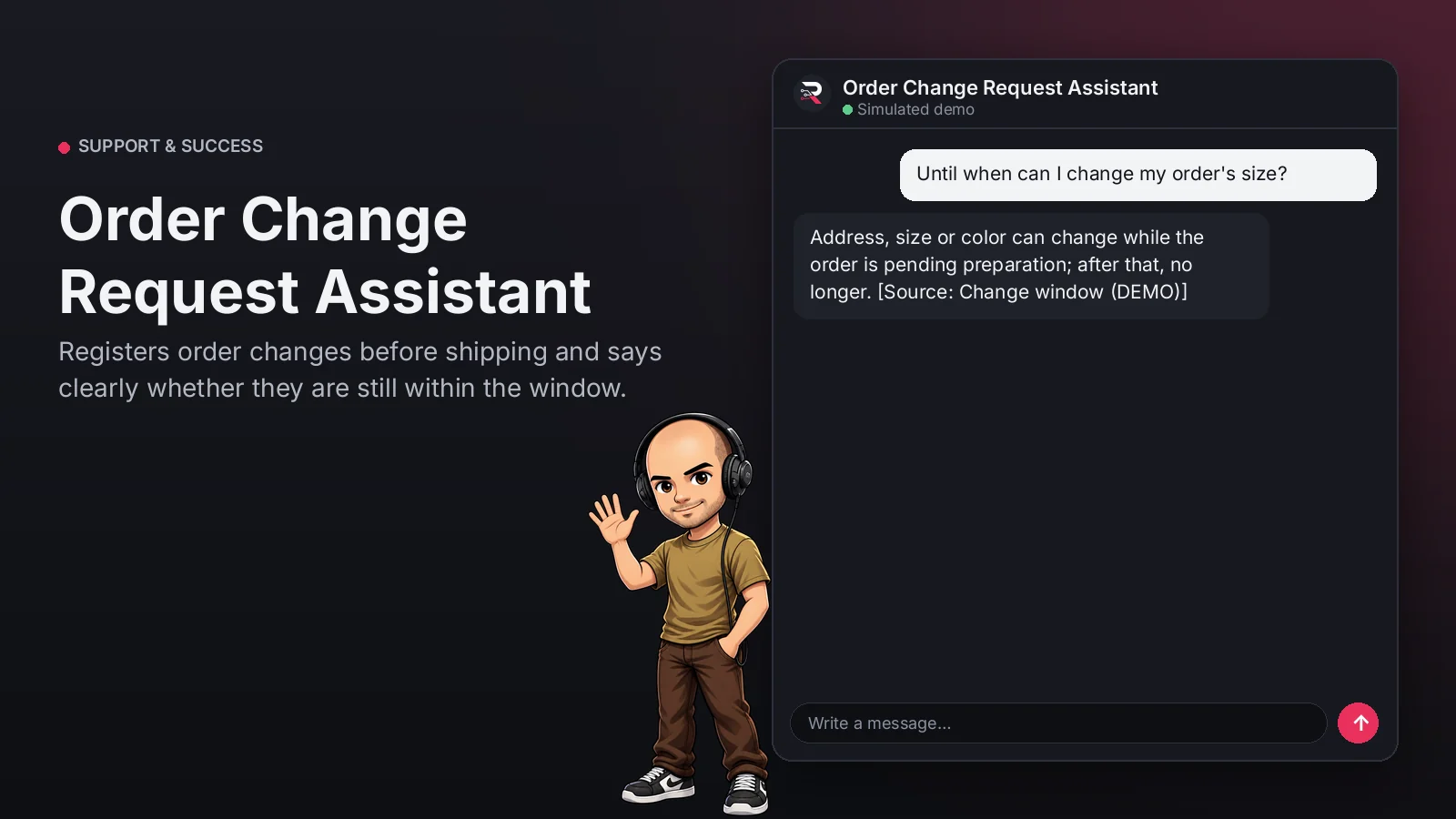 Hero image: Order Change Request Assistant. Registers order changes before shipping and says clearly whether they are still within the window.