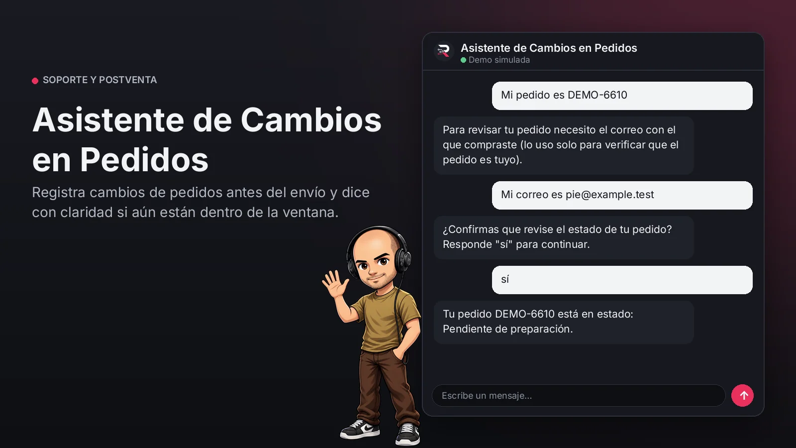 Imagen principal: Asistente de Cambios en Pedidos. Registra cambios de pedidos antes del envío y dice con claridad si aún están dentro de la ventana.