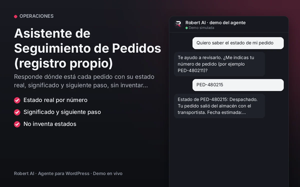 Portada: Asistente de Seguimiento de Pedidos (registro propio). Responde dónde está cada pedido con su estado real, significado y siguiente paso, sin inventar fechas.