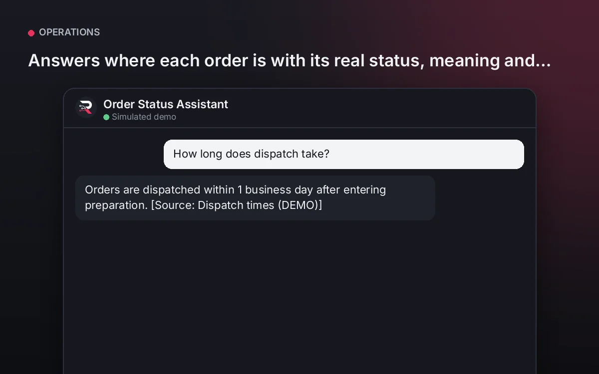 Cover: Order Status Assistant. Answers where each order is with its real status, meaning and next step, never inventing dates.