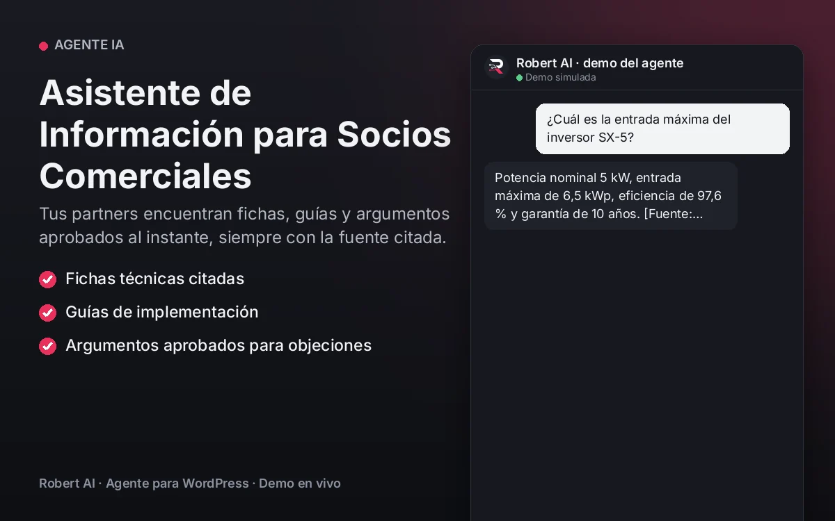 Portada: Asistente de Información para Socios Comerciales. Tus partners encuentran fichas, guías y argumentos aprobados al instante, siempre con la fuente citada.