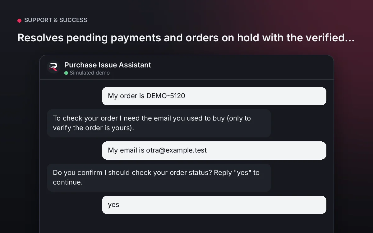 Cover: Purchase Issue Assistant. Resolves pending payments and orders on hold with the verified status and next step, never asking for card data.