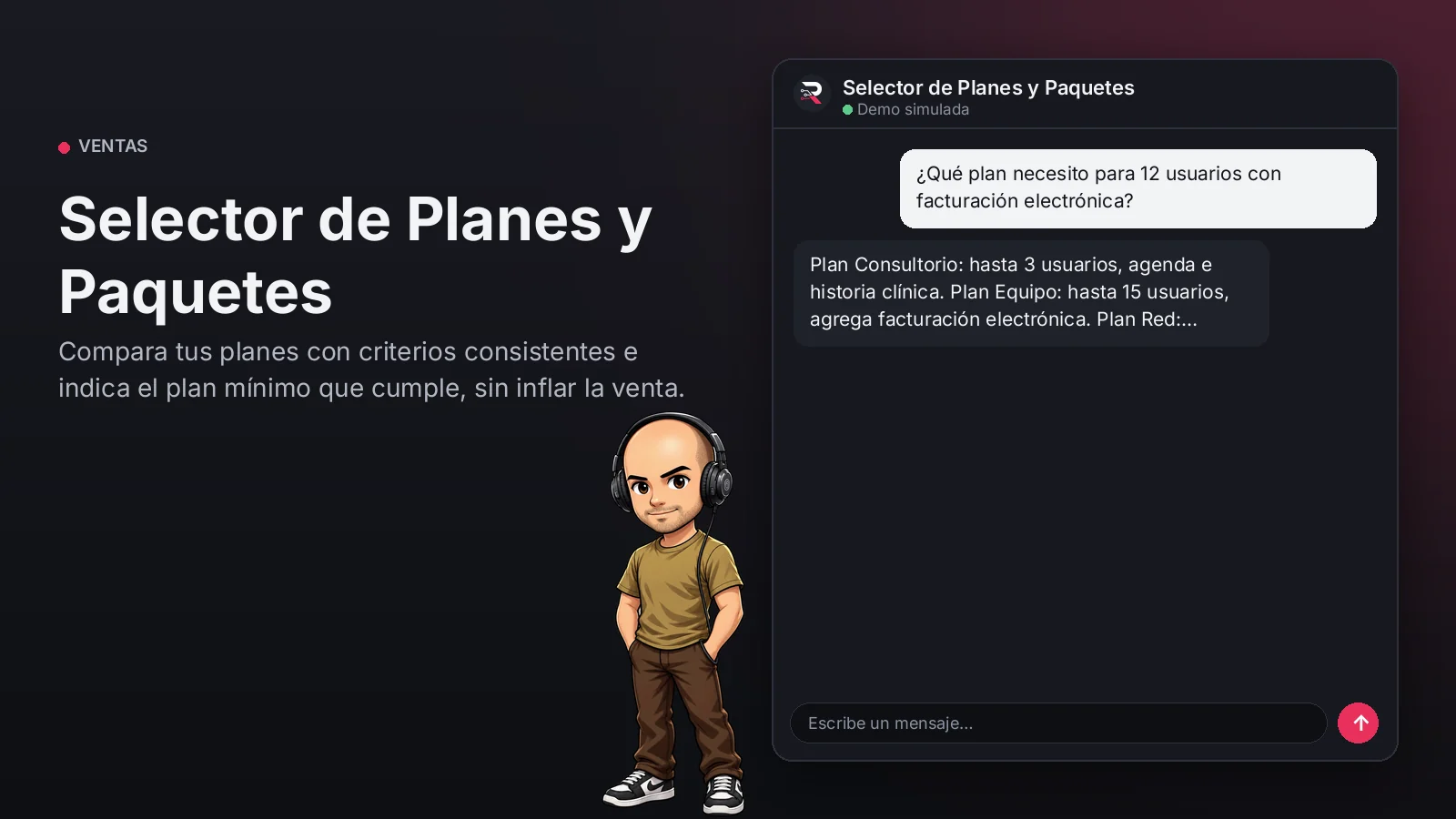 Imagen principal: Selector de Planes y Paquetes. Compara tus planes con criterios consistentes e indica el plan mínimo que cumple, sin inflar la venta.