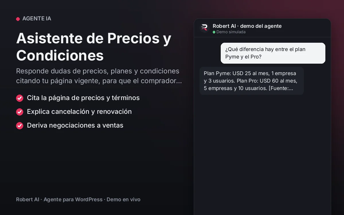 Portada: Asistente de Precios y Condiciones. Responde dudas de precios, planes y condiciones citando tu página vigente, para que el comprador decida sin fricción.