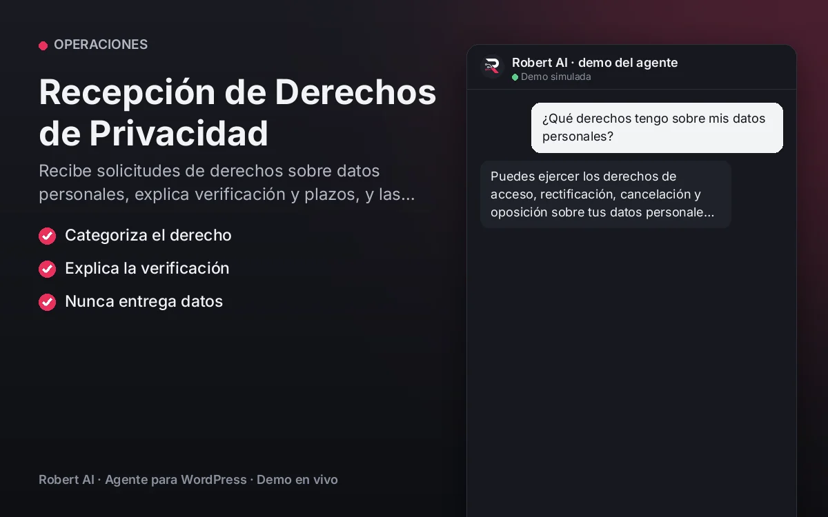 Portada: Recepción de Derechos de Privacidad. Recibe solicitudes de derechos sobre datos personales, explica verificación y plazos, y las deriva sin entregar datos.