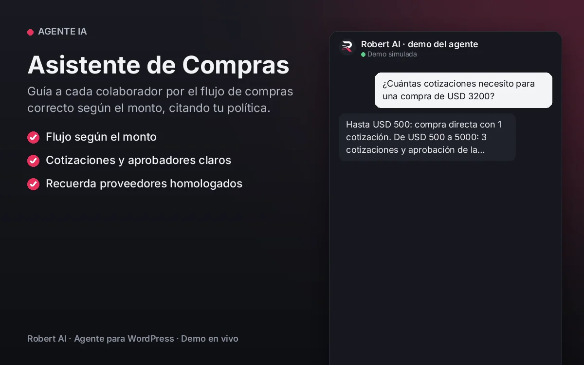 Portada: Asistente de Compras. Guía a cada colaborador por el flujo de compras correcto según el monto, citando tu política.