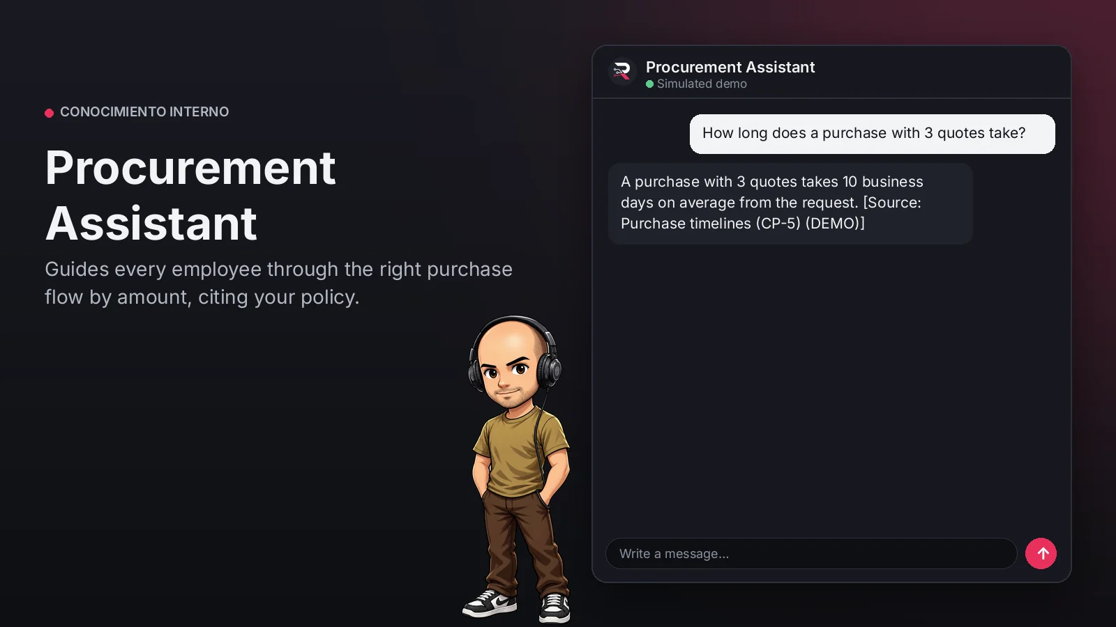 Hero image: Procurement Assistant. Guides every employee through the right purchase flow by amount, citing your policy.