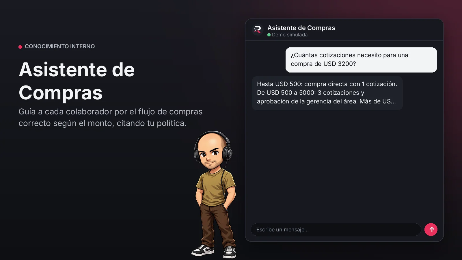 Imagen principal: Asistente de Compras. Guía a cada colaborador por el flujo de compras correcto según el monto, citando tu política.