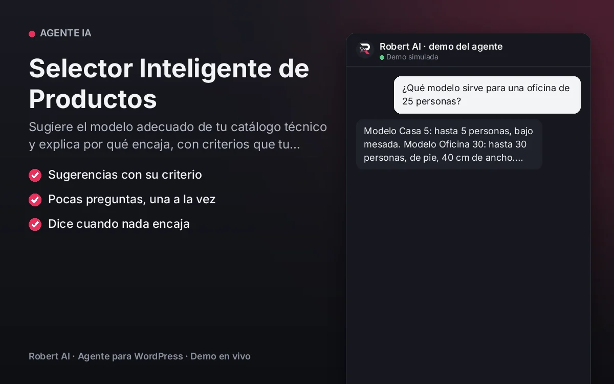 Portada: Selector Inteligente de Productos. Sugiere el modelo adecuado de tu catálogo técnico y explica por qué encaja, con criterios que tu equipo publica.