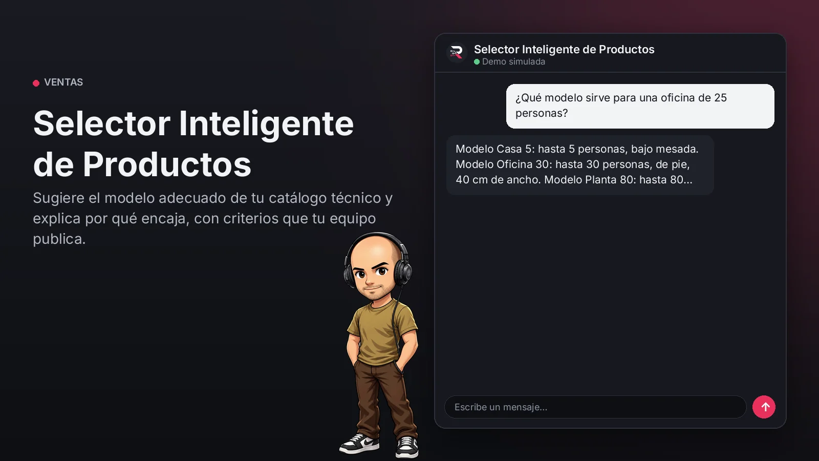 Imagen principal: Selector Inteligente de Productos. Sugiere el modelo adecuado de tu catálogo técnico y explica por qué encaja, con criterios que tu equipo publica.