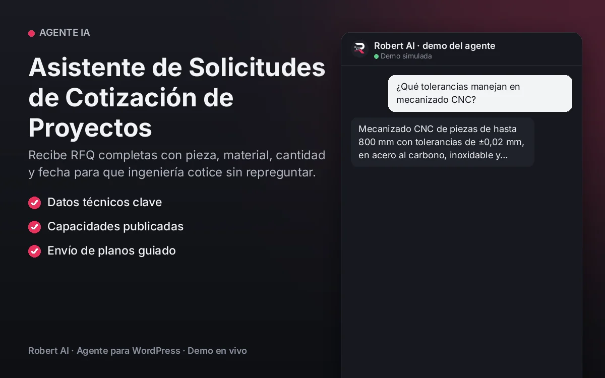 Portada: Asistente de Solicitudes de Cotización de Proyectos. Recibe RFQ completas con pieza, material, cantidad y fecha para que ingeniería cotice sin repreguntar.