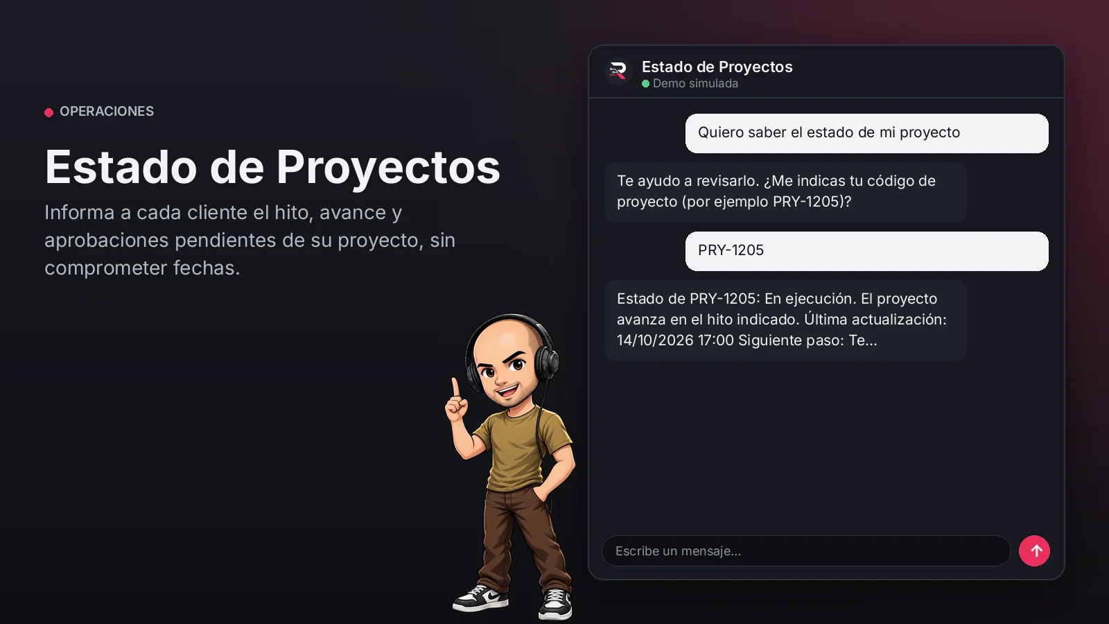 Imagen principal: Estado de Proyectos. Informa a cada cliente el hito, avance y aprobaciones pendientes de su proyecto, sin comprometer fechas.