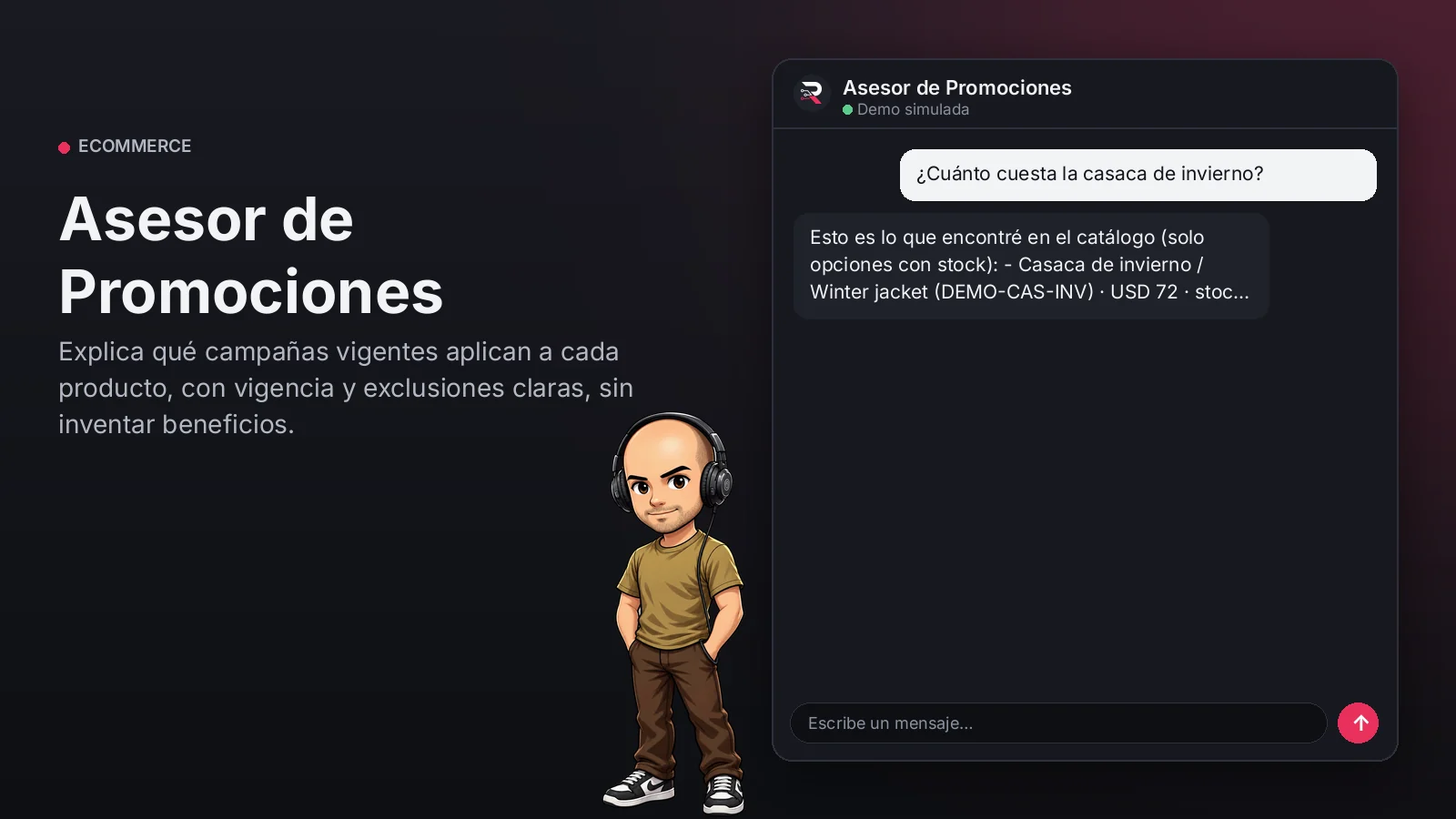 Imagen principal: Asesor de Promociones. Explica qué campañas vigentes aplican a cada producto, con vigencia y exclusiones claras, sin inventar beneficios.